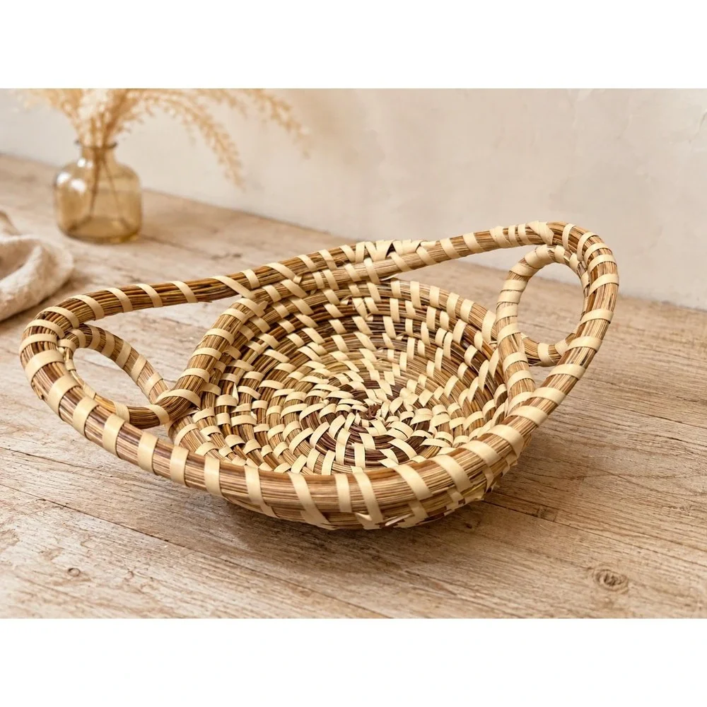 Vintage Gullah Sweetgrass Basket Coiled Lowcountry Folk Art Handwoven Handles